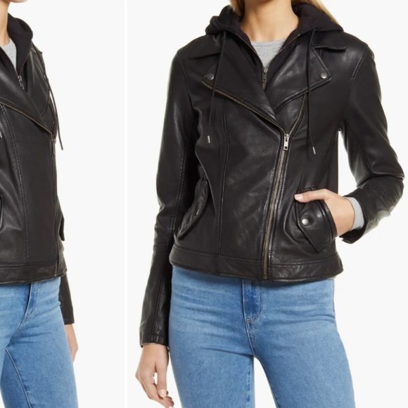 NEW Caslon Genuine Leather Moto Jacket with Removable Hood